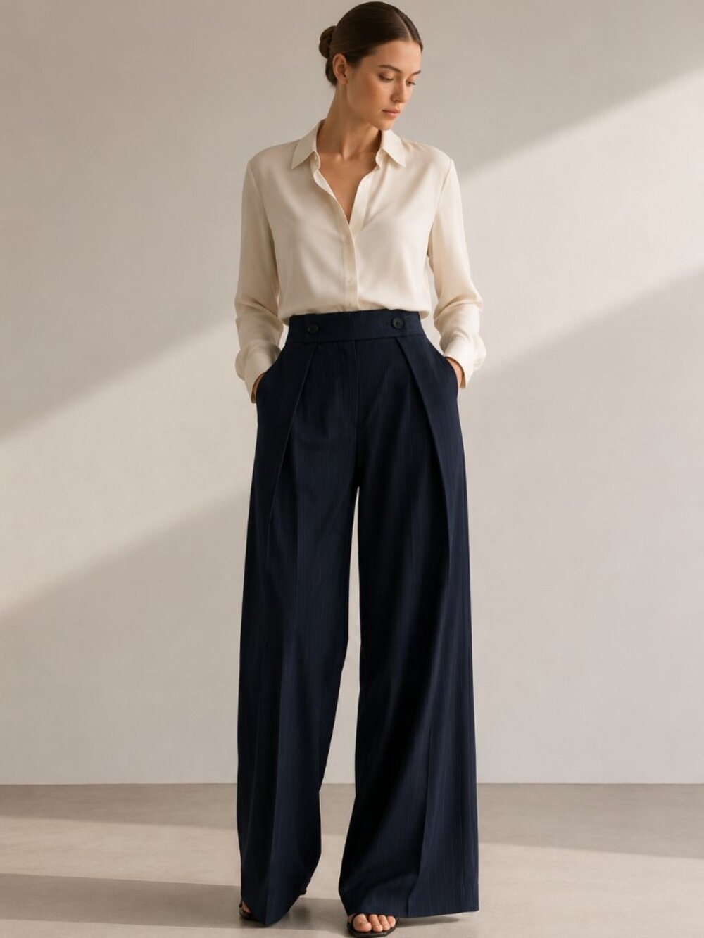 Zara Navy Pinstripe Extra Wide Leg Dress Pants High Rise Tailored M